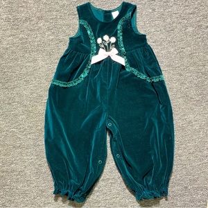 Vintage 24 Mo Girls Green Velvet Christmas Bubble Romper One Piece Embroidered